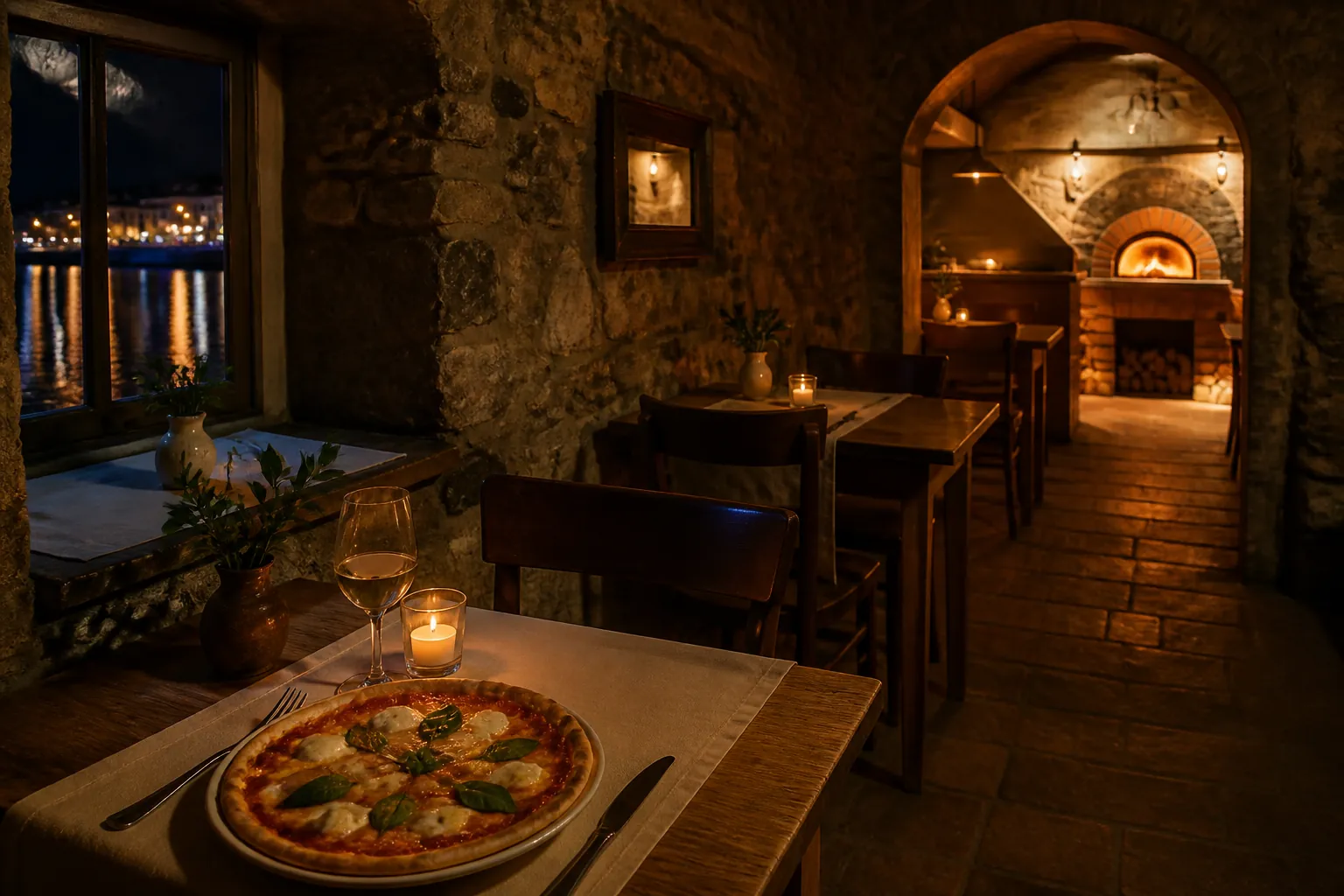Interiér pizzerie Pec a Kámen – kamenné stěny a pec