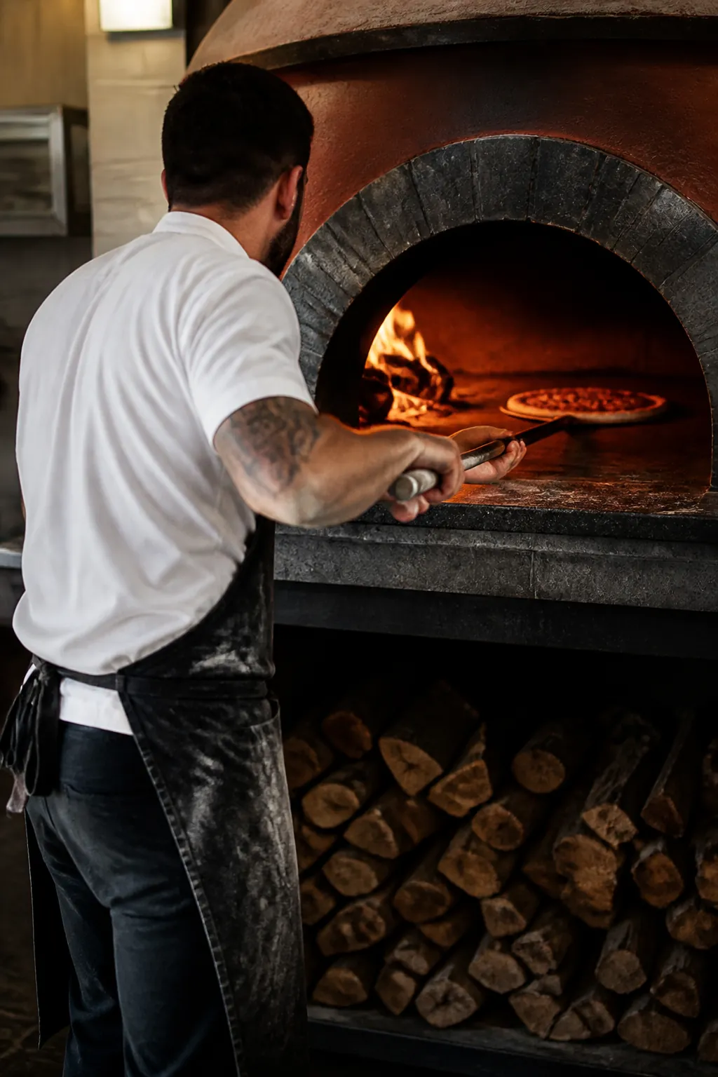 Pecař otáčí pizzu v peci na dřevo