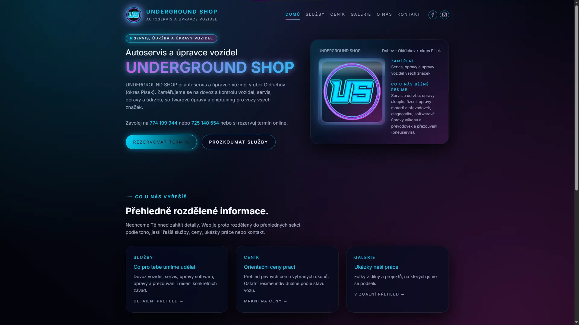 První web Underground Shop – po spuštění
